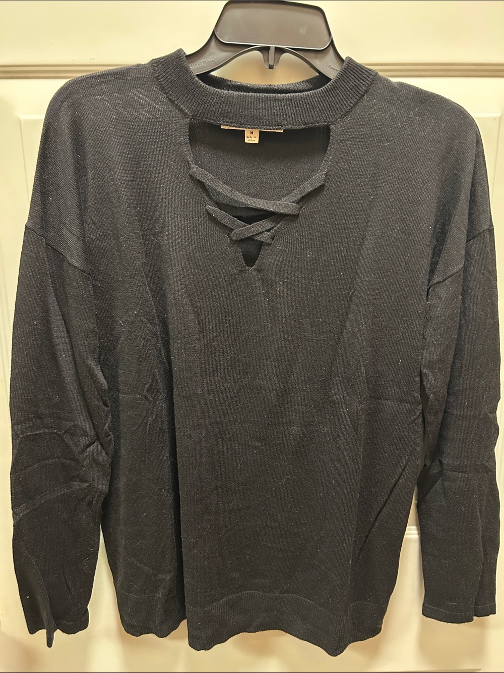 Pink Rose Black Lace-Up Knit Pullover Sweatshirt